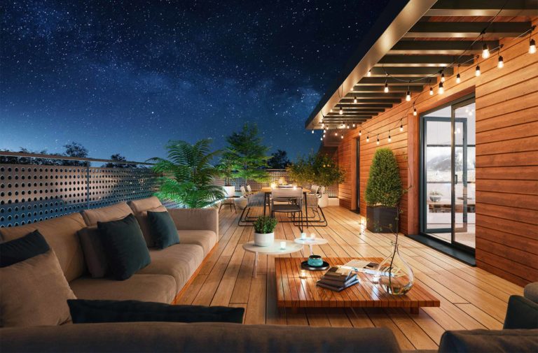 Terrasse 3D avec guirlande lumineuse