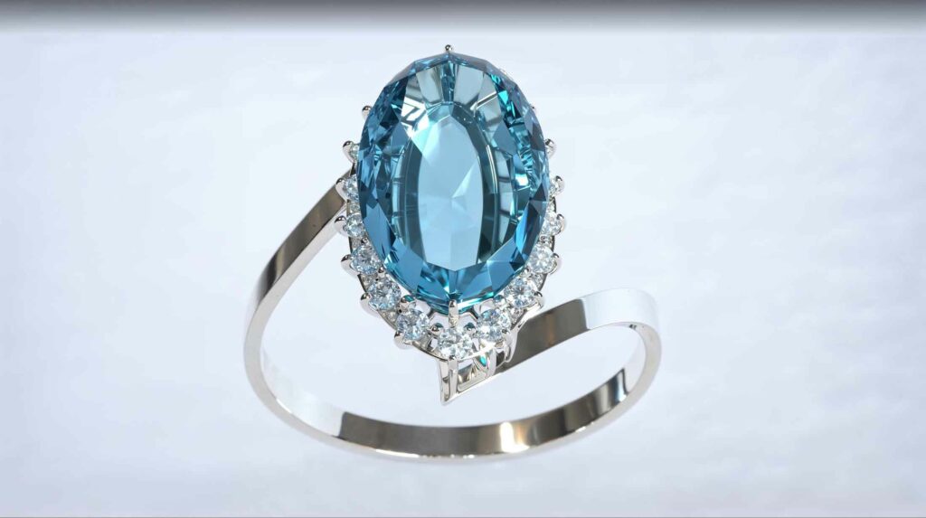 bague 3d or blanc pierre bleue