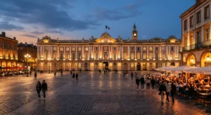 Firefly et GeminiFlash : Une photo réaliste de la place du Capitole à Toulouse en France à la tombée de la nuit